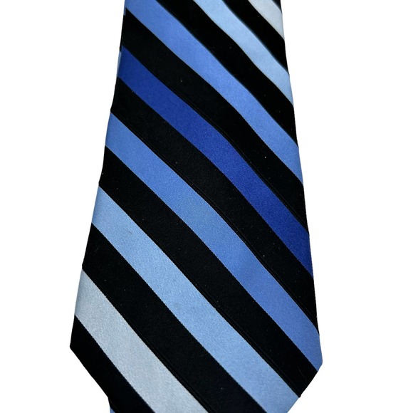 GEORGE MULTI SHADE BLUE &  BLACK STRIPED SILK MEN’S TIE - Picture 2 of 3